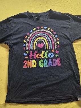 Gildan Black Kids T-Shirt with Colorful Rainbow "Hello 2nd Grade" Graphic